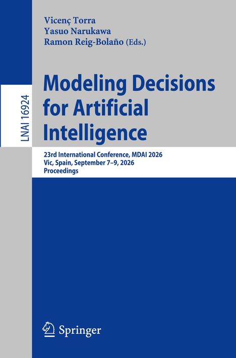 Buchtitel: "Modeling Decisions for Artificial Intelligence". 23rd International Conference, MDAI 2026. Springer-Logo unten.