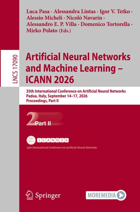 Text: "Artificial Neural Networks and Machine Learning – ICANN 2026". Ein rotes Cover mit Konferenzdetails und Springer-Logo.
