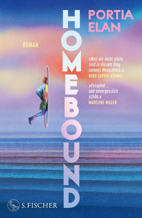 „HOMEBOUND" in vertikaler Schrift, Zitate von Miku Sophie Kühmel und Madeline Miller, Person geht durch einen Ring.