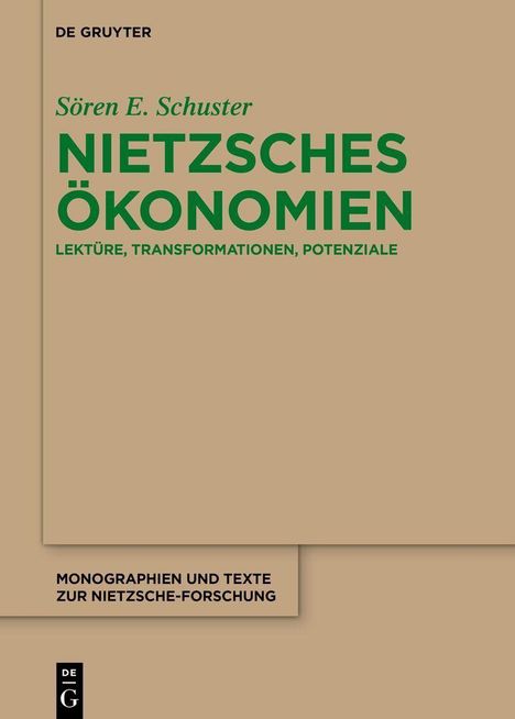 Braunes Buchcover mit grünem und schwarzem Text: Titel "Nietzsches Ökonomien", Autor "Sören E. Schuster".