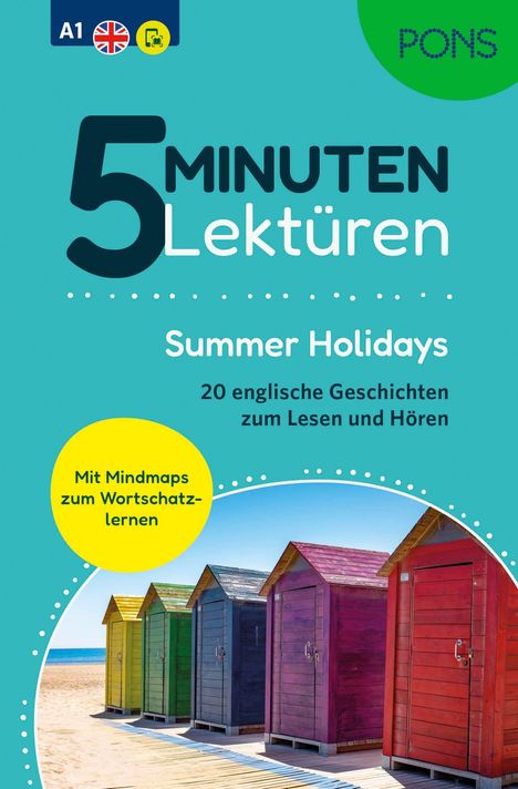 "5 MINUTEN Lektüren", "Summer Holidays", "20 englische Geschichten", "Mit Mindmaps", bunte Strandhütten, blauer Himmel.