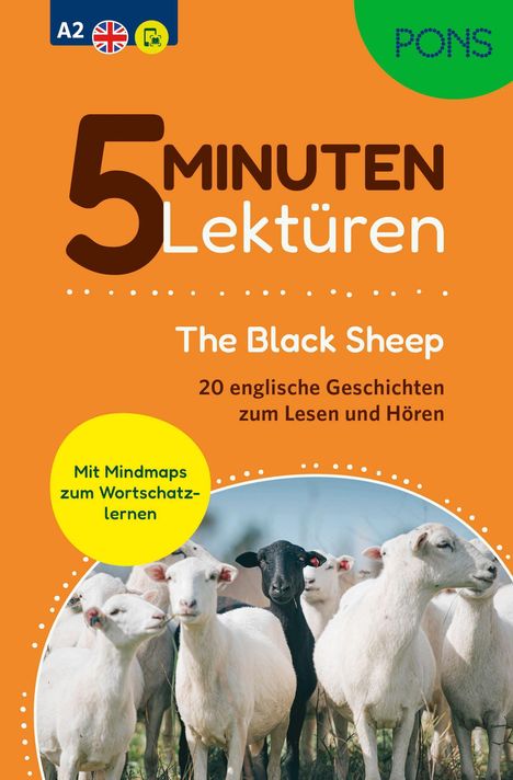 A2, 5 Minuten Lektüren, The Black Sheep, Mit Mindmaps zum Wortschatzlernen. Weiße und ein schwarzes Schaf auf der Wiese.