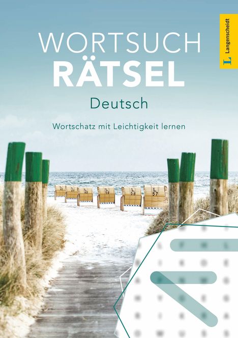 Titel: "Wortsuchrätsel Deutsch". Strand mit Strandkörben und Dünenweg im Hintergrund.