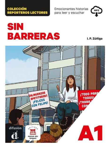 Texte: "SIN BARRERAS", "COLECCIÓN REPORTEROS LECTORES", "A1". Illustration: Frau im Rollstuhl vor Menschenmenge.