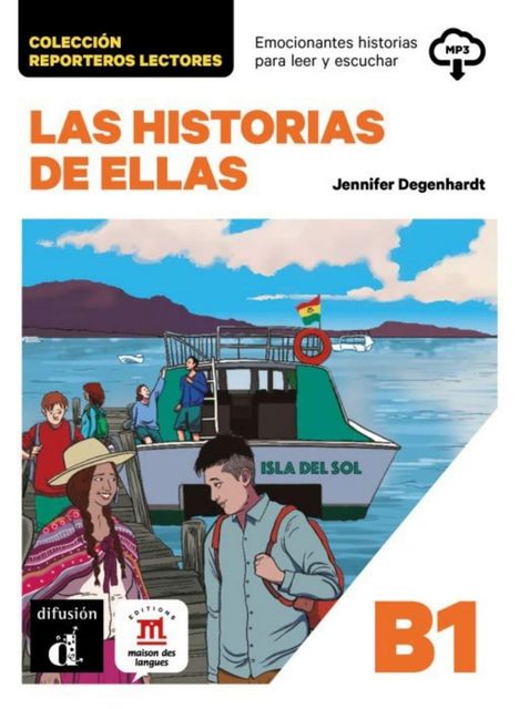 "LAS HISTORIAS DE ELLAS", "ISLA DEL SOL", B1, ein Boot am See mit Menschen, darunter ein lächelndes Paar.