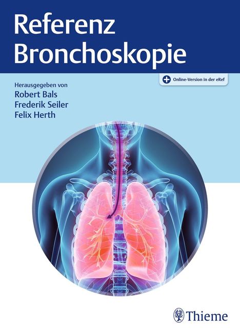 "Referenz Bronchoskopie" oben, Herausgeber unten. Illustration zeigt menschlichen Brustkorb mit Lunge und Bronchien.
