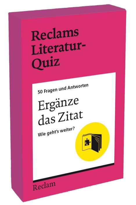 Text auf einer bunten Box: "Reclams Literatur-Quiz", "Ergänze das Zitat", "50 Fragen und Antworten". Enthält ein gelbes Logo mit Buch und Puzzle.