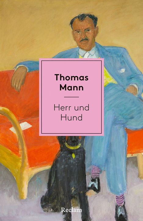 "Thomas Mann, Herr und Hund" auf rosa Hintergrund. Illustration eines Mannes in Blau, sitzend mit Hund vor einem Sofa.