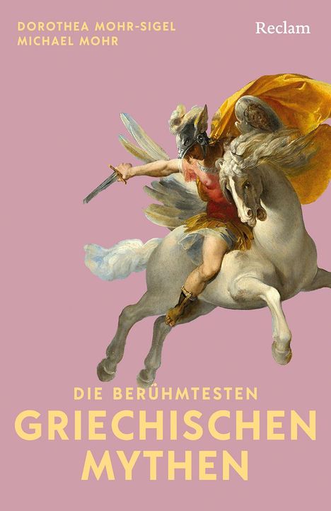 "Die berühmtesten griechischen Mythen." Illustration von Pegasus, auf rosafarbenem Hintergrund.