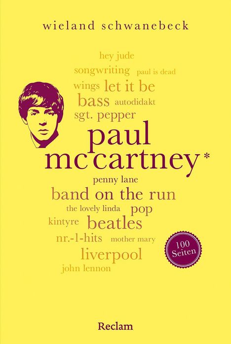 „Paul McCartney“ steht im Zentrum, umgeben von Wörtern wie „Let It Be“, „Beatles“ und „Liverpool“. Reclam unten.