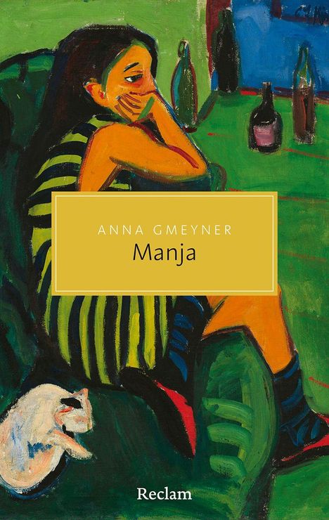 Text: "Anna Gmeyner, Manja". Illustration: Frau in gestreiftem Kleid, denkt nach. Hund ruht, Flaschen auf grünem Tisch.