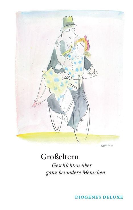Großeltern. Geschichten über ganz besondere Menschen. Eine Illustration zeigt zwei fröhliche ältere Personen auf einem Fahrrad.