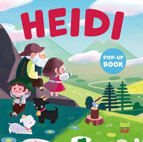 „HEIDI“ in großen roten Buchstaben, „POP-UP BOOK“ in einem blauen Kreis. Illustration: Kinder mit Ziegen in Alpenlandschaft.