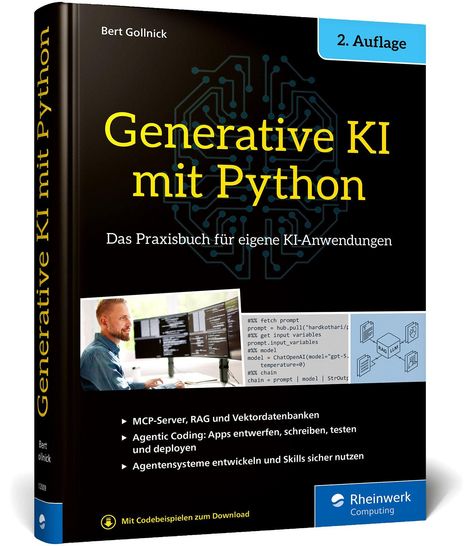 "Generative KI mit Python", 2. Auflage. Agentic Coding, RAG, Vektordatenbanken. Cover zeigt eine Person am Computer.