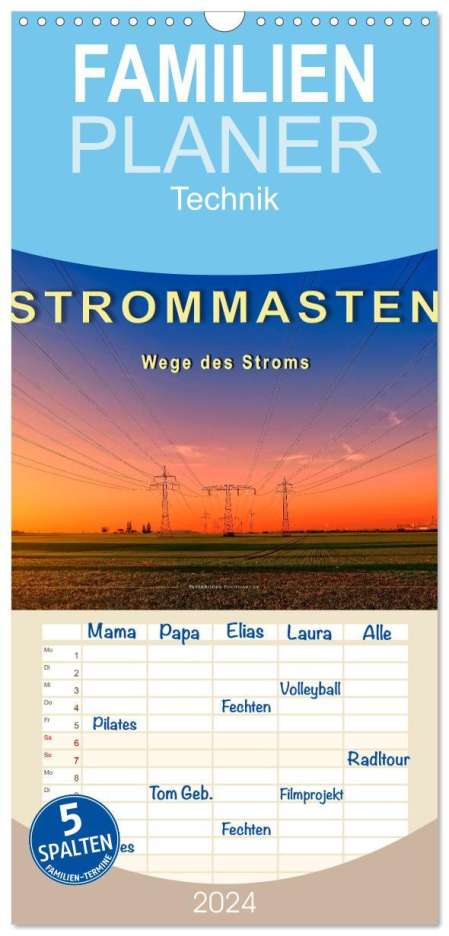 Peter Roder: Familienplaner 2024 - Strommasten - Wege des Stroms mit 5 Spalten (Wandkalender, 21 x 45 cm) CALVENDO, Kalender