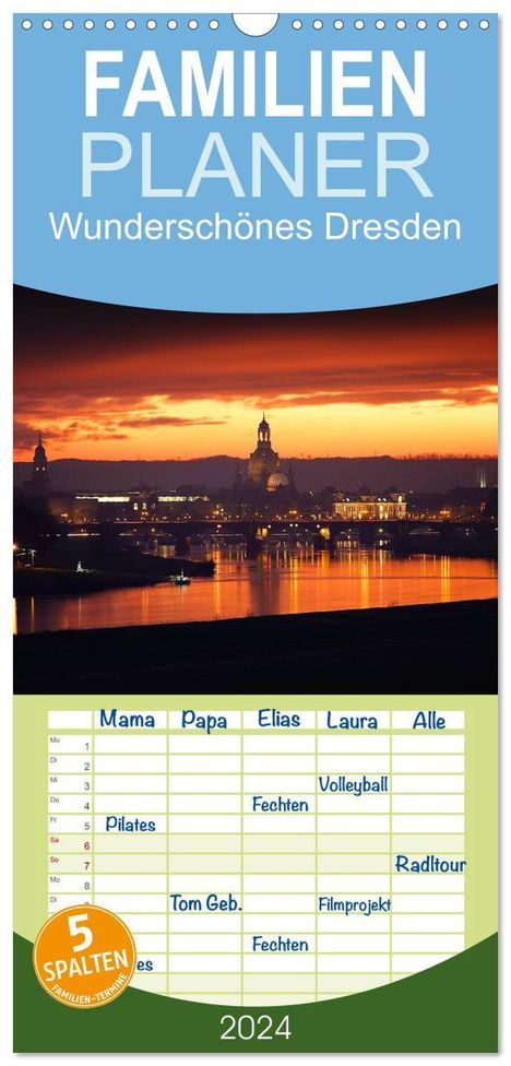Dirk Meutzner: Familienplaner 2024 - Wunderschönes Dresden mit 5 Spalten (Wandkalender, 21 x 45 cm) CALVENDO, Kalender