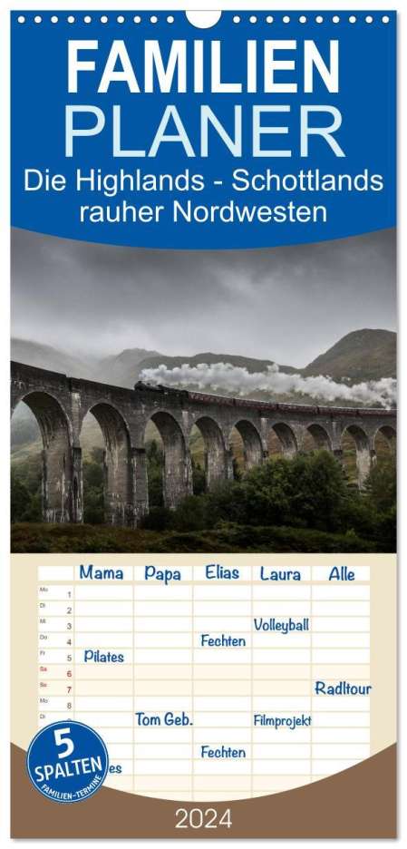 Andreas Peters: Familienplaner 2024 - Die Highlands - Schottlands rauher Nordwesten mit 5 Spalten (Wandkalender, 21 x 45 cm) CALVENDO, Kalender