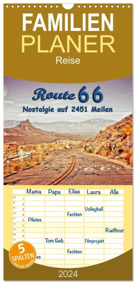 Peter Roder: Familienplaner 2024 - Nostalgie auf 2451 Meilen - Route 66 mit 5 Spalten (Wandkalender, 21 x 45 cm) CALVENDO, Kalender
