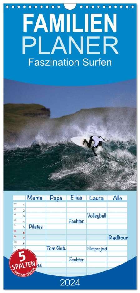 Martina Cross: Familienplaner 2024 - Faszination Surfen mit 5 Spalten (Wandkalender, 21 x 45 cm) CALVENDO, Kalender