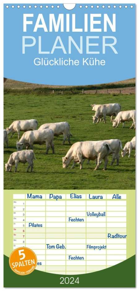 Antje Lindert-Rottke: Familienplaner 2024 - Glückliche Kühe mit 5 Spalten (Wandkalender, 21 x 45 cm) CALVENDO, Kalender