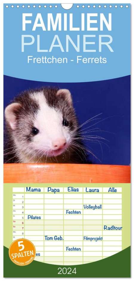 Jeanette Hutfluss: Familienplaner 2024 - Frettchen - Ferrets mit 5 Spalten (Wandkalender, 21 x 45 cm) CALVENDO, Kalender