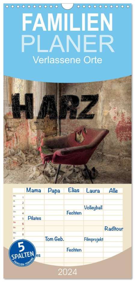 Carina Buchspies: Familienplaner 2024 - Verlassene Orte im Harz mit 5 Spalten (Wandkalender, 21 x 45 cm) CALVENDO, Kalender