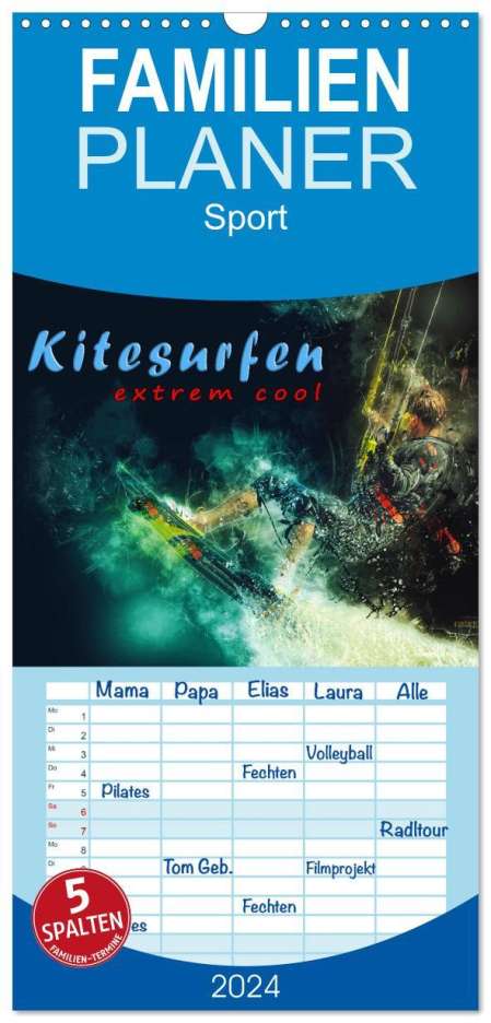 Peter Roder: Familienplaner 2024 - Kitesurfen extrem cool mit 5 Spalten (Wandkalender, 21 x 45 cm) CALVENDO, Kalender