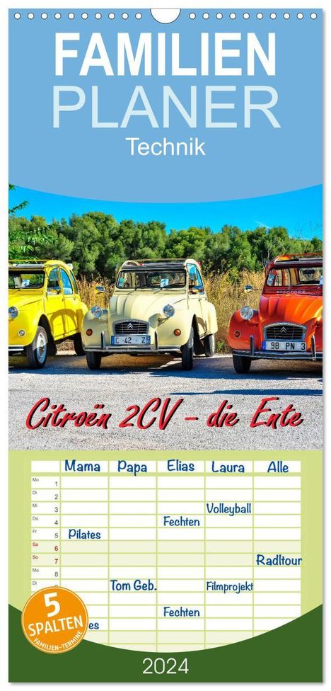 Peter Roder: Familienplaner 2024 - Citroën 2CV - die Ente mit 5 Spalten (Wandkalender, 21 x 45 cm) CALVENDO, Kalender