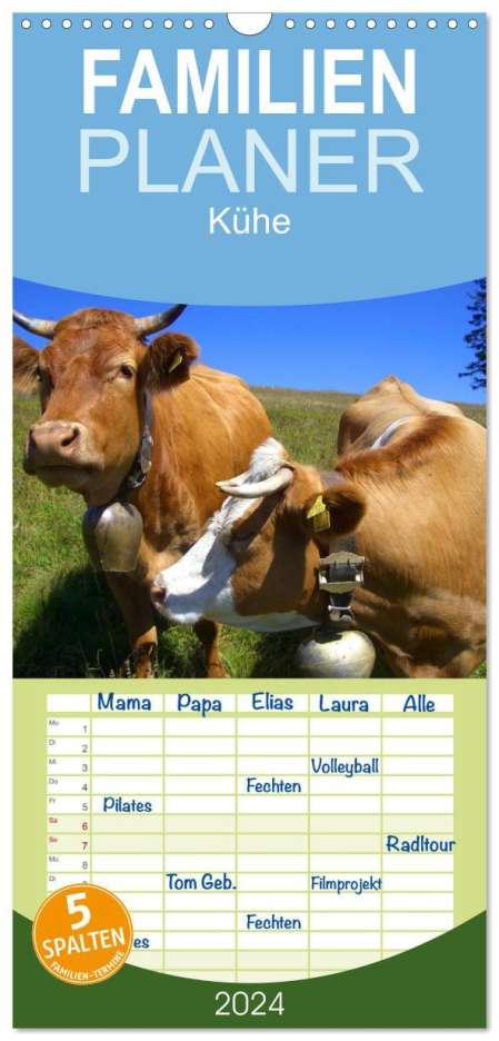 Elisabeth Stanzer: Familienplaner 2024 - Kühe mit 5 Spalten (Wandkalender, 21 x 45 cm) CALVENDO, Kalender