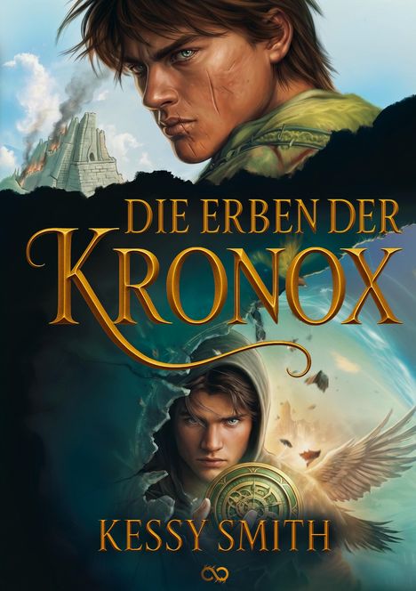 "Die Erben der Kronox" und "Kessy Smith" in goldener Schrift. Zwei Figuren, eine Ruine und ein geflügeltes Rad in dramatischer Szene.
