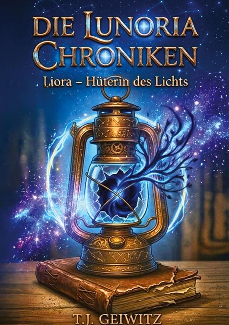 „Die Lunoria Chroniken: Liora – Hüterin des Lichts.“ Antike Laterne mit blauer Energie auf einem Buch, kosmische Umgebung.