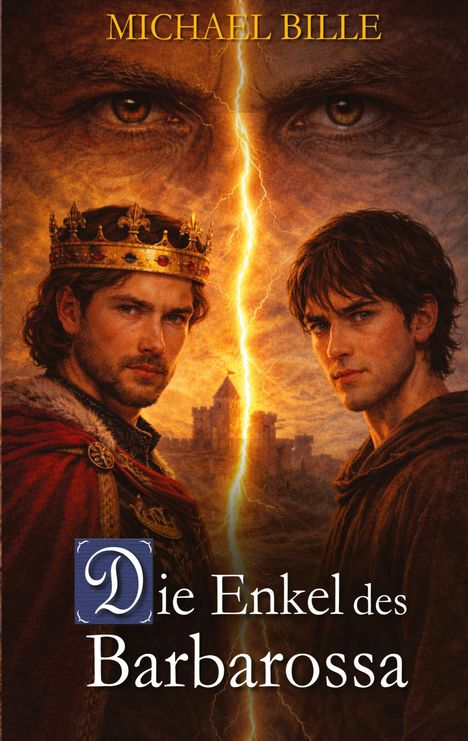 "Die Enkel des Barbarossa" und "Michael Bille" stehen oben, darunter zwei Männer, einer mit Krone, vor einer Burg.