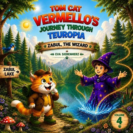 Buchtitel "Tom Cat Vermello's Journey Through Teuropa"; Katze in Wanderkleidung und Zauberer am See in Waldlandschaft.