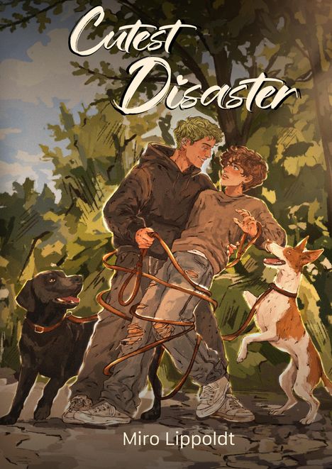 "Cutest Disaster" und "Miro Lippoldt" in einer Illustration zweier Männer mit Hunden und Hundeleinen, umgeben von Bäumen.