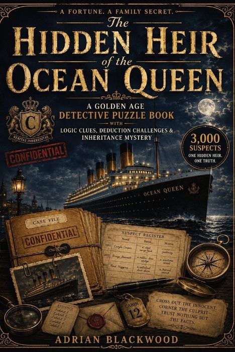 "The Hidden Heir of the Ocean Queen" zeigt ein Schiff bei Nacht, Seekarten, Kompass, Fälle und Verdächtigenliste im Detektiv-Stil.
