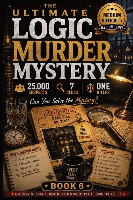 "25,000 Suspects, 7 Clues, One Killer. Can You Solve the Mystery? Buch 6. Titel: The Ultimate Logic Murder Mystery."
