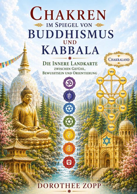 Text: "Chakren im Spiegel von Buddhismus und Kabbala. Die innere Landkarte zwischen Gefühl, Bewusstsein und Orientierung. Dorothee Zopp." Illustration: Buddha-Statue, Tempel, Kabbala-Symbolik, Chakren-Symbole.