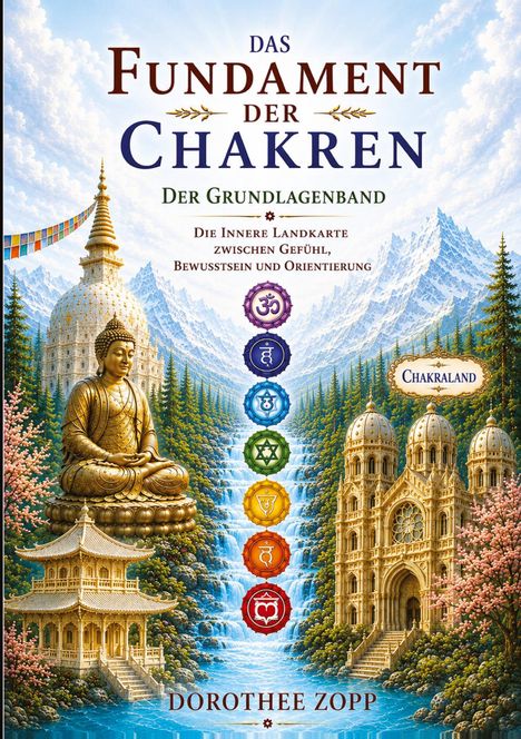 "Das Fundament der Chakren: Der Grundlagenband" von Dorothee Zopp. Illustration mit Buddha und farbigen Chakren-Symbolen.