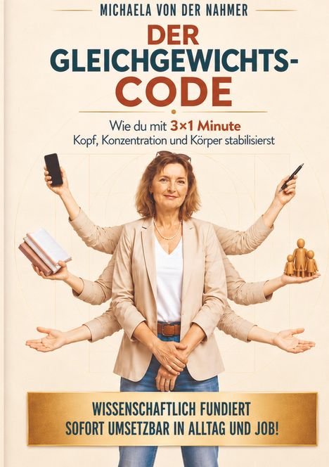 "Der Gleichgewichtscode" von Michaela von der Nahmer. Frau mit sechs Armen hält verschiedene Objekte.