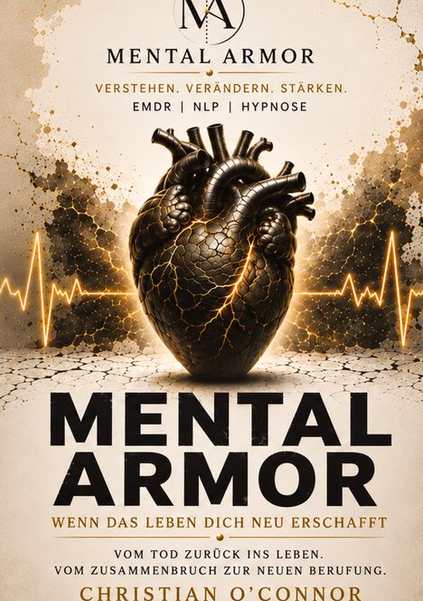 "Mental Armor: Verstehen, Verändern, Stärken. EMDR, NLP, Hypnose. Illustration eines herzförmigen Objekts mit Adern und EKG-Linien."