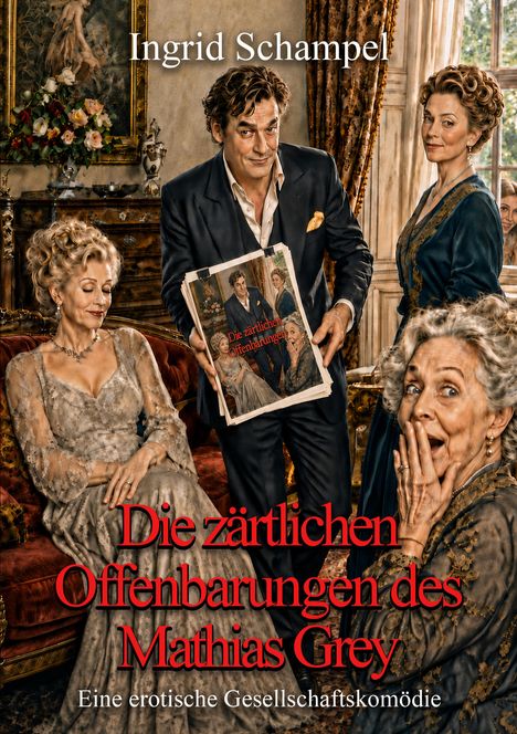 "Ingrid Schampel. Die zärtlichen Offenbarungen des Mathias Grey. Eine erotische Gesellschaftskomödie." 

Drei Frauen und ein Mann in eleganter Kleidung in einem luxuriösen Raum.