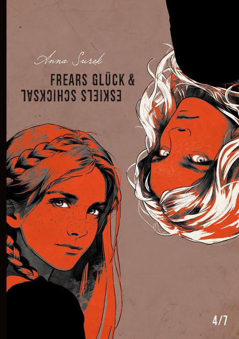 „Frears Glück & Eskiels Schicksal“. Zwei orange-rote Frauengesichter, eines ist kopfüber.