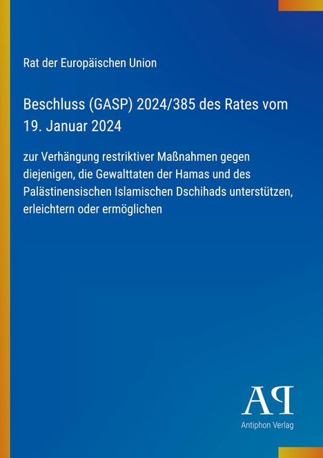Titel über Maßnahmen gegen Unterstützung der Gewalt durch Hamas, enthält blau-gelbe Farbverläufe, unten rechts ein Verlagslogo.