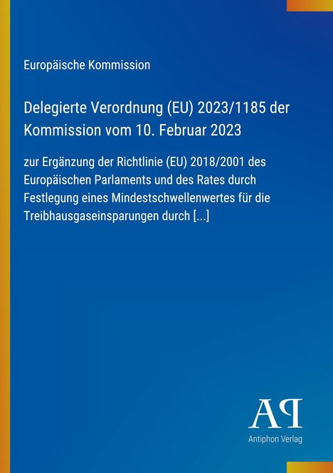 Europäische Kommission Verordnung (EU) 2023/1185, 10. Februar 2023. Blaues Design, gelber Rand.