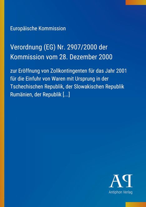 Text über eine EU-Verordnung zur Zollkontingenteröffnung 2001. Logo unten rechts, blauer Hintergrund mit gelbem Streifen.