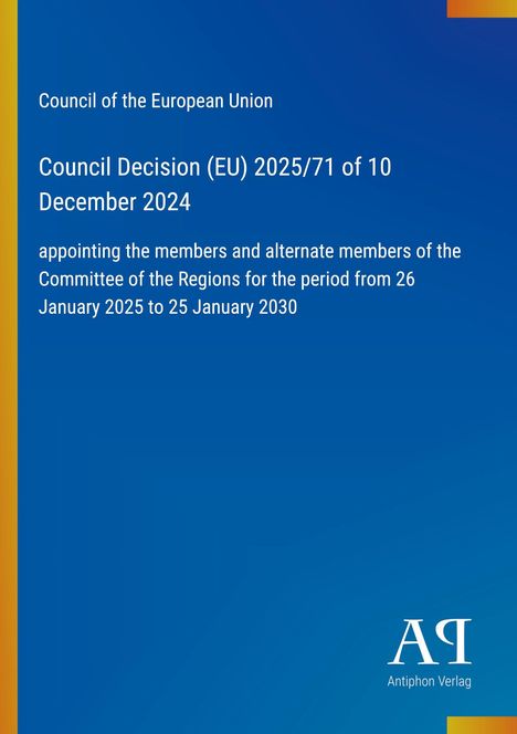 Oben: "Council of the European Union"; Unten: Logo von "Antiphon Verlag" auf blauem Hintergrund.
