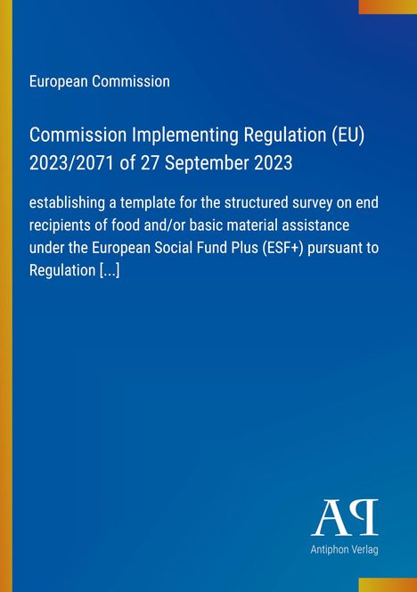Text: "European Commission, Commission Implementing Regulation (EU) 2023/2071 of 27 September 2023." Blaues Design, vertikale gelbe Linie.