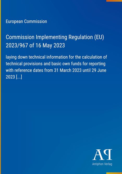 Titel: EU-Verordnung, 16. Mai 2023, technische Infos für Kalkulation. Blau-weiße Gestaltung mit Verlagssignet unten.