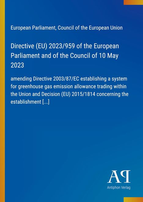 Titel: Directive (EU) 2023/959, Emissionshandelssystem. Blaues Design mit gelbem Rand und Verlagslogo unten rechts.