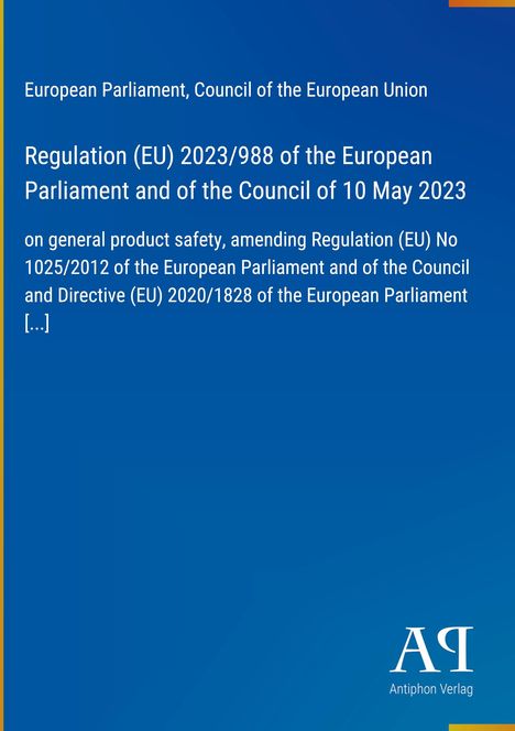 Text über EU-Verordnung zu Produktsicherheit. Blauer Hintergrund, weißer Text, unten rechts "Antiphon Verlag".